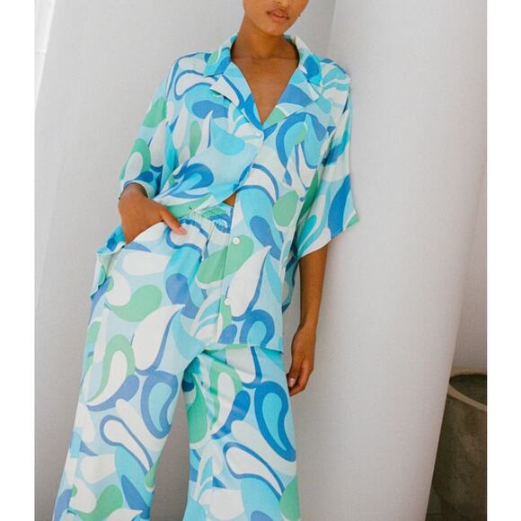 Sabo Alanis Top Swirl Retro Print Button Down Short Sleeve Blue Green Size Large - Picture 1 of 12